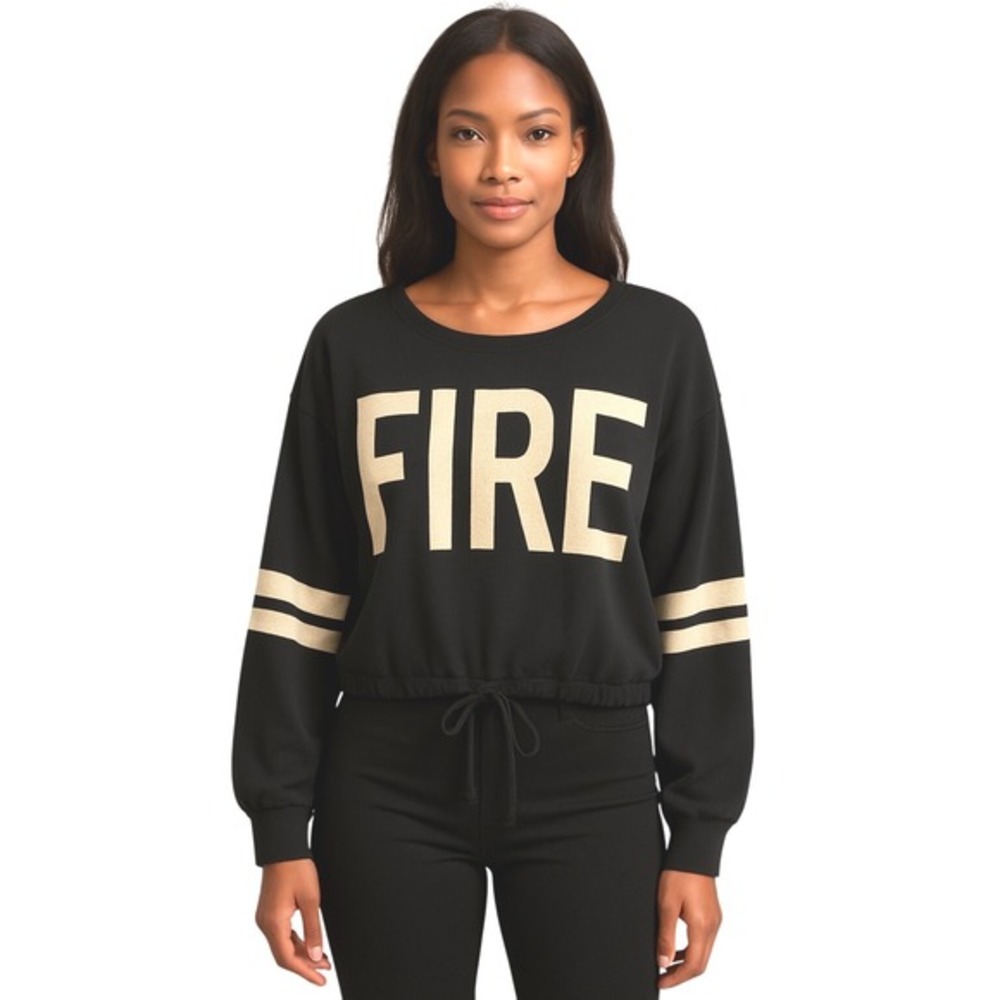 Gabrielle Union‎ New York Co Black FIRE Graphic Crop Top Sweater M Chic 84-39